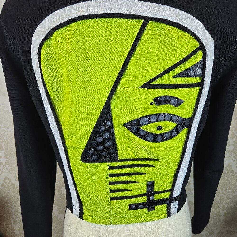 Vintage Andrea Isabella Size Small Cropped Black Blazer Green Accents Face - Picture 9 of 15